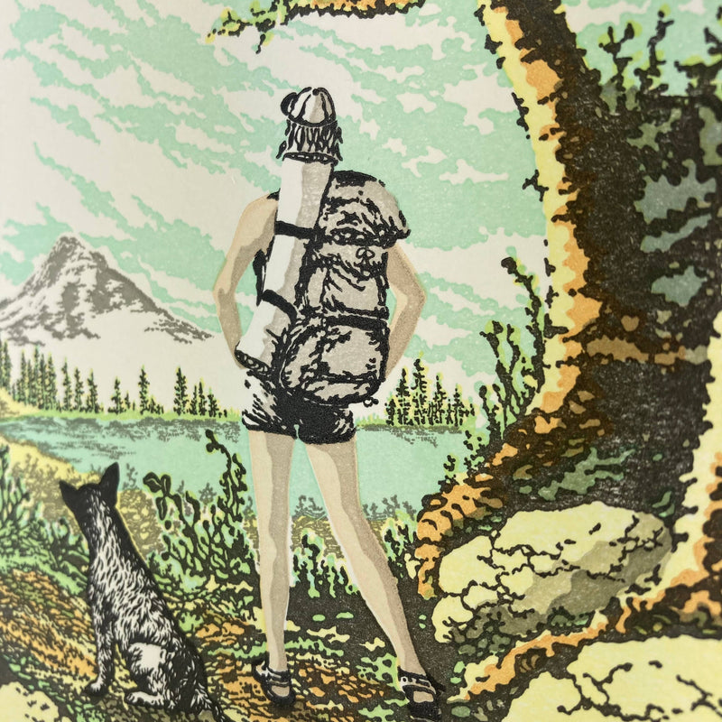 Art - Woman and Dog Hiking in the Mountains