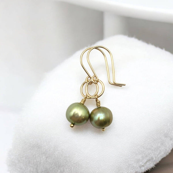 Classic Gold & Lime Green Freshwater Pearl Dangle Earrings