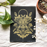 Moth & Poppies Handprinted Linocut on Handmade Paper 5x7"