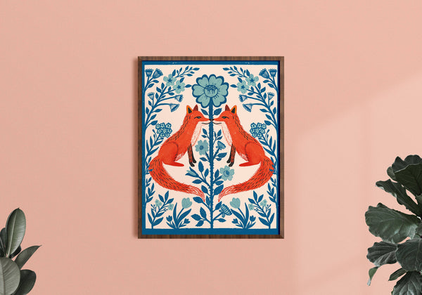 Blue Floral Fox Folk Art Print