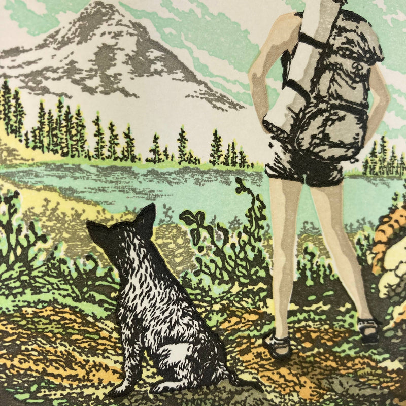 Art - Woman and Dog Hiking in the Mountains