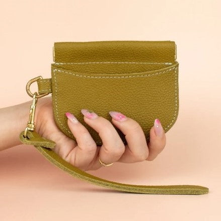 Leather Pop Wallet in Olive Green - Cold Gold