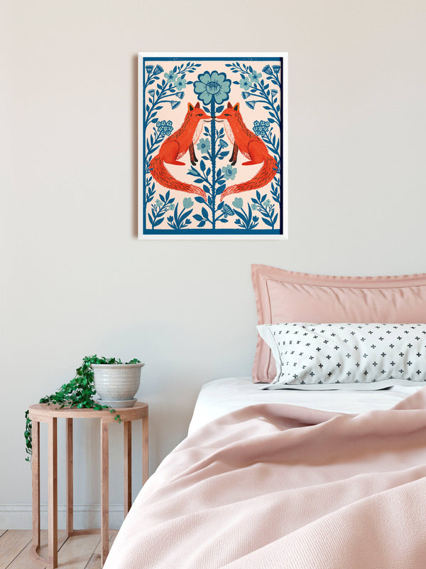Blue Floral Fox Folk Art Print