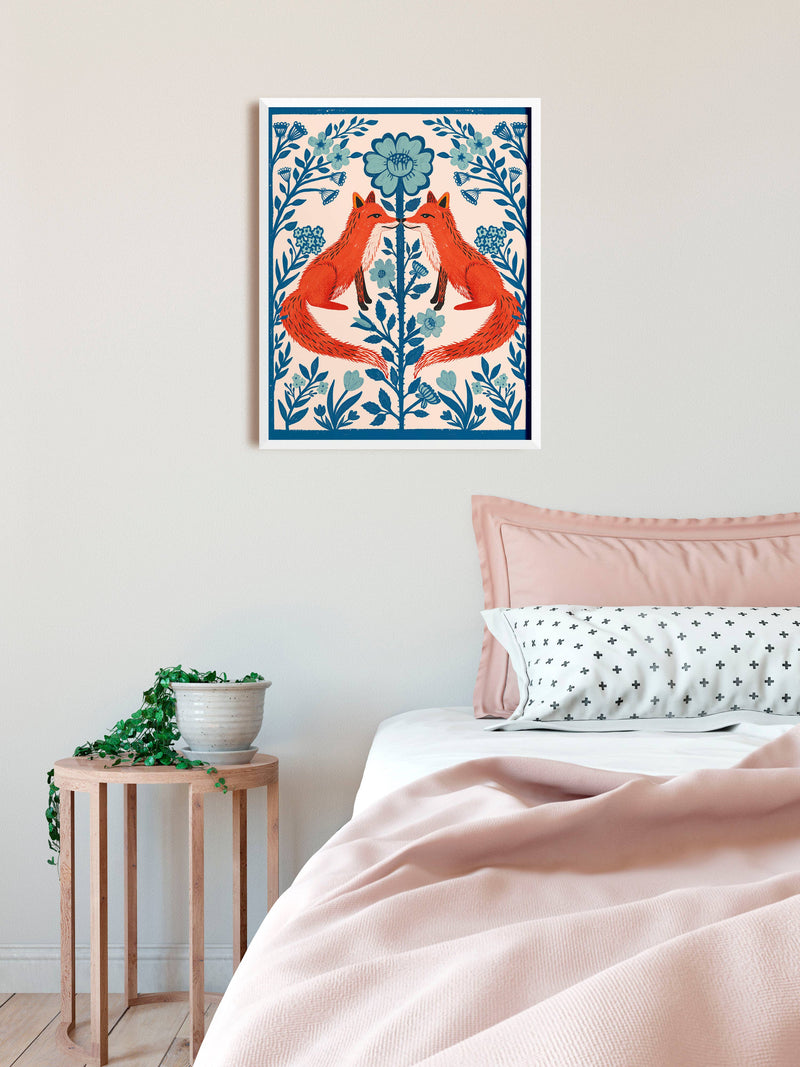 Blue Floral Fox Folk Art Print