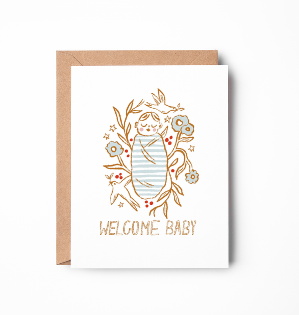 Welcome Baby Card | Minimalist Baby Swaddle with Flowers