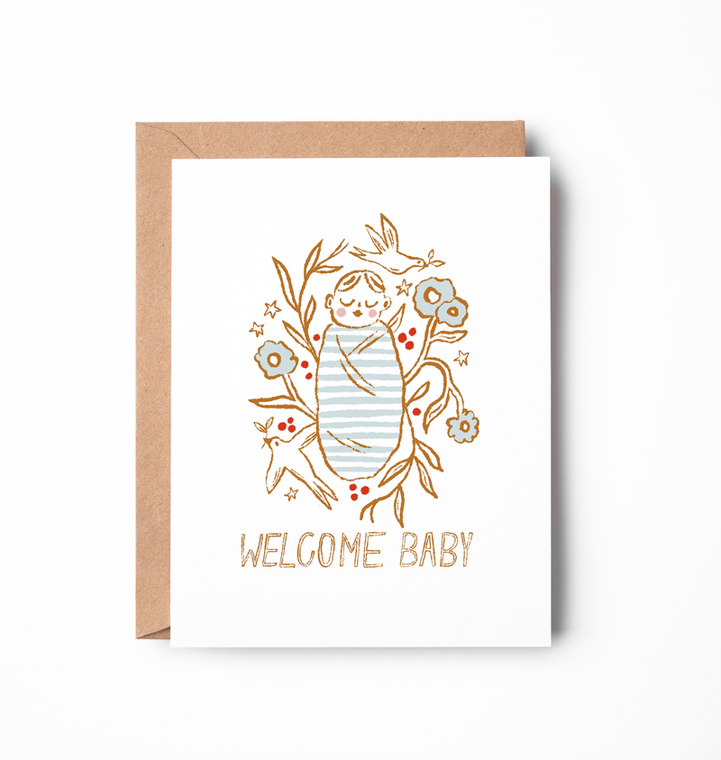 Welcome Baby Card | Minimalist Baby Swaddle with Flowers