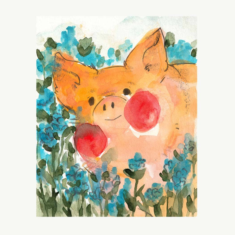 Print - "Pig with Blue Flowers" - 8 x 10