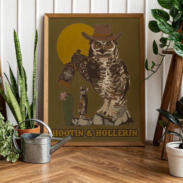 Hootin & Hollerin Owl Cowboy Print - 11 x 14