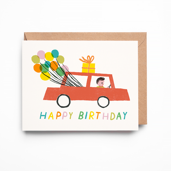 Happy Birthday Car Card | Retro Car with Balloons Card