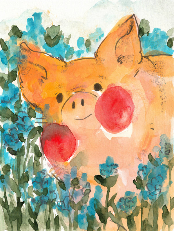 Print - "Pig with Blue Flowers" - 8 x 10