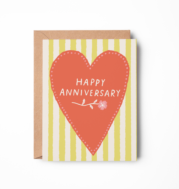 Happy Anniversary Card | Big Red Heart with Yellow Stripes