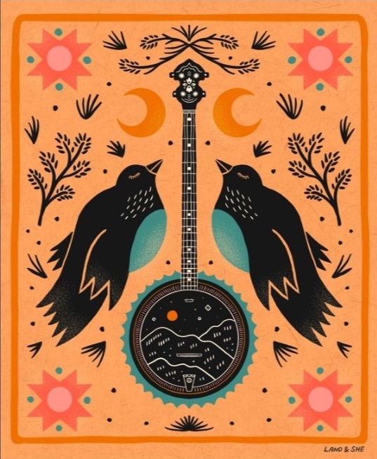 Folk Song Banjo & Birds Print