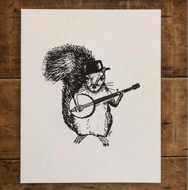 Banjo Squirrel Letterpress  Print 8 x 10