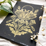 Moth & Poppies Handprinted Linocut on Handmade Paper 5x7"
