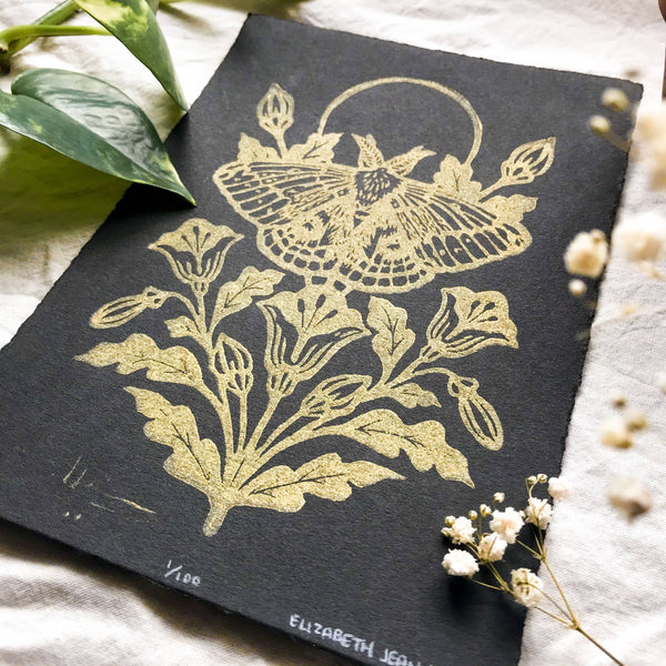 Moth & Poppies Handprinted Linocut on Handmade Paper 5x7"