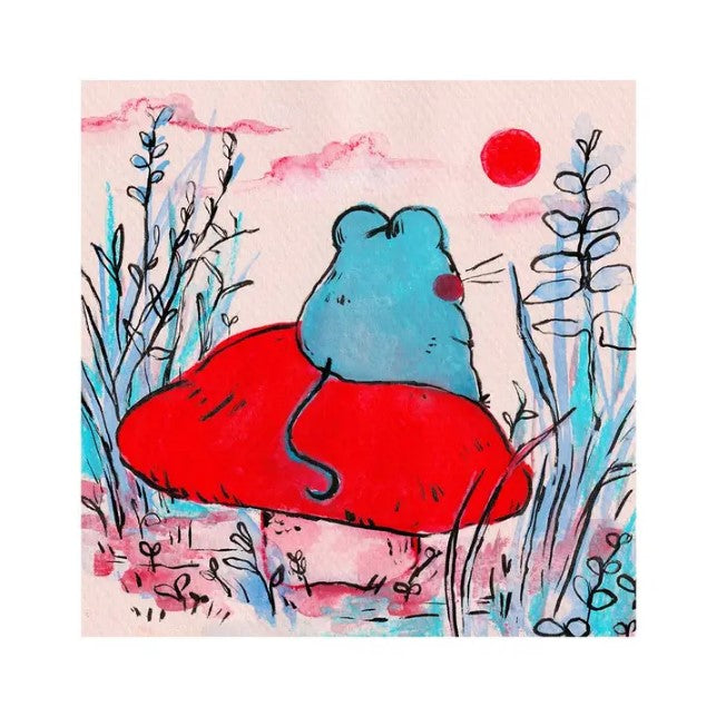Blue Mouse Thinking on a Mushroom Print