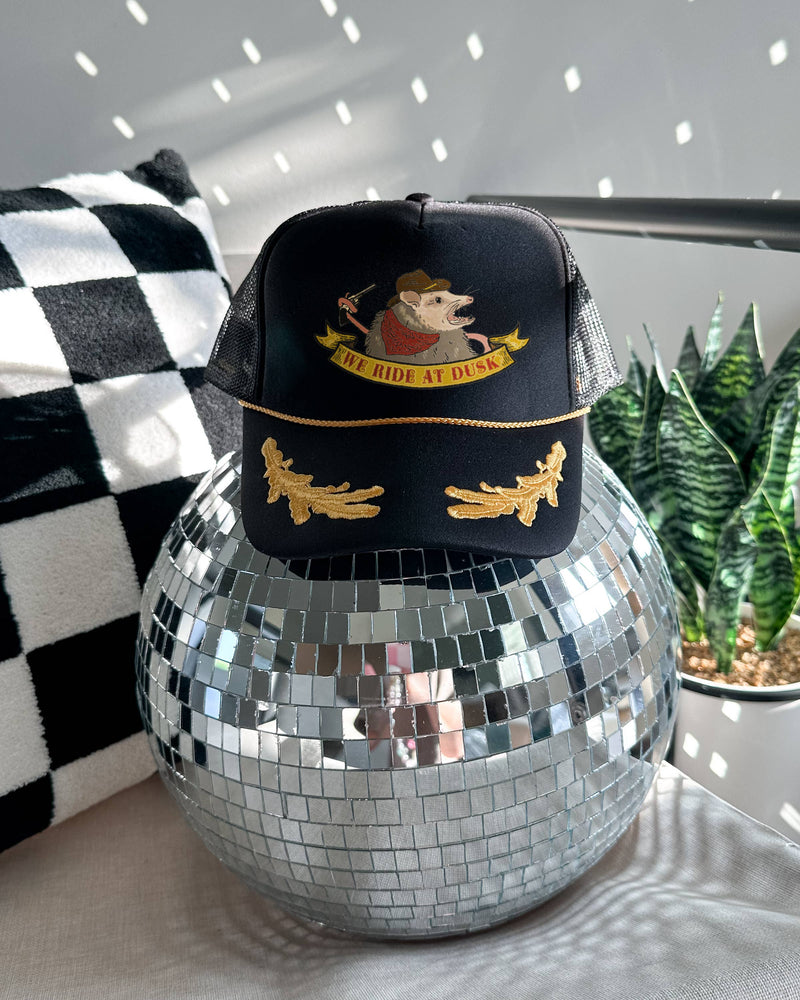 We Ride At Dusk- Opossum Cowboy Trucker Hat