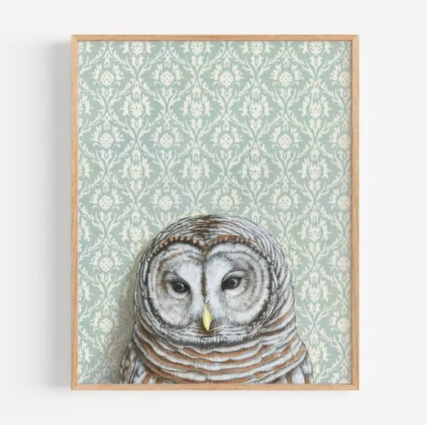 Barred Owl in Light Blue Print