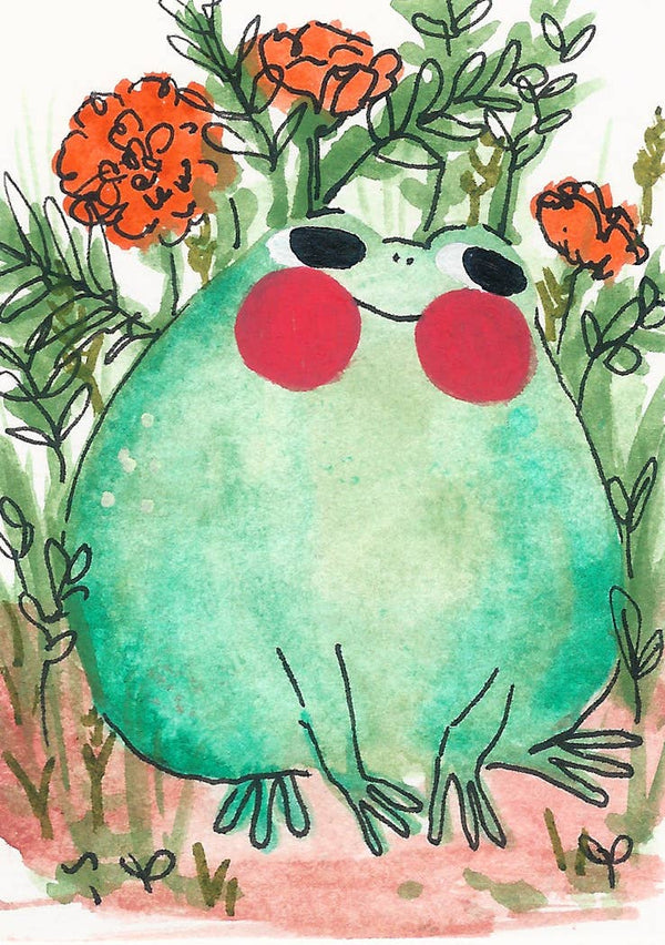 Mini Print - "Frog with Marigolds" - 3x4"