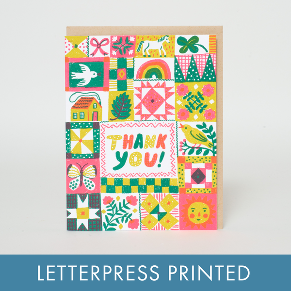 Folk Quilt Thanks Letterpress Greeting Card