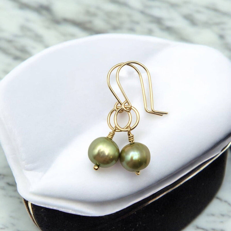 Classic Gold & Lime Green Freshwater Pearl Dangle Earrings
