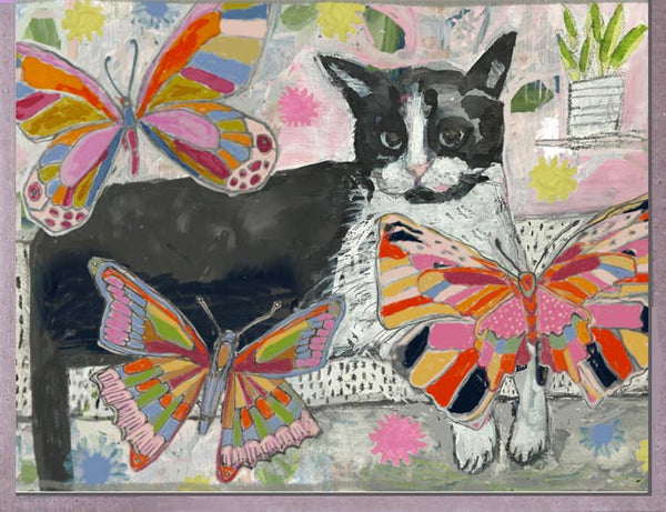 Cat + Butterflies Art Card