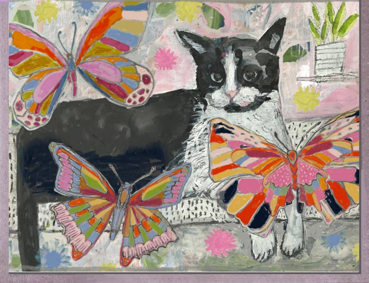 Cat + Butterflies Art Card