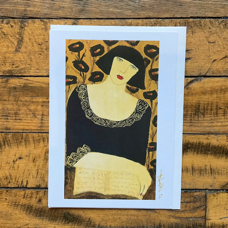 Woman in Black Dress w/ Book Card