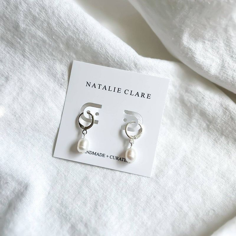 Silver Pearl Huggie Hoops