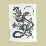 Snake & Poppies Handprinted Linocut on Handmade Paper 5x7"