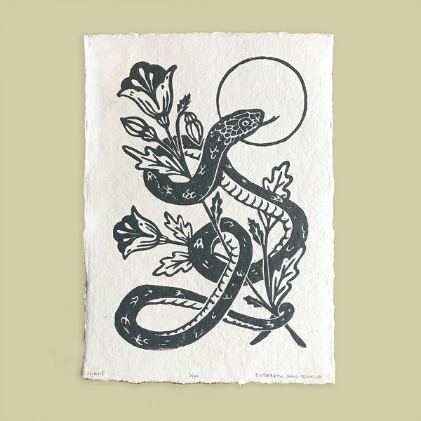 Snake & Poppies Handprinted Linocut on Handmade Paper 5x7"