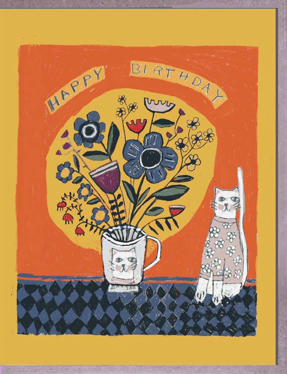 Cat + Cup Flowers Birthday Card