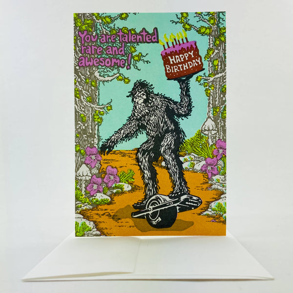 Happy Birthday Sasquatch Riding a One Wheel
