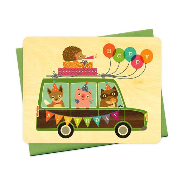 Party Wagon Flat Wood Card - Birthday