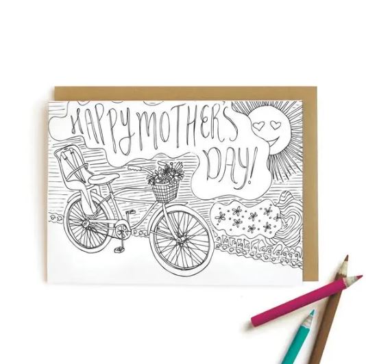 Bicycle Mom Colorable Card - Mother's Day