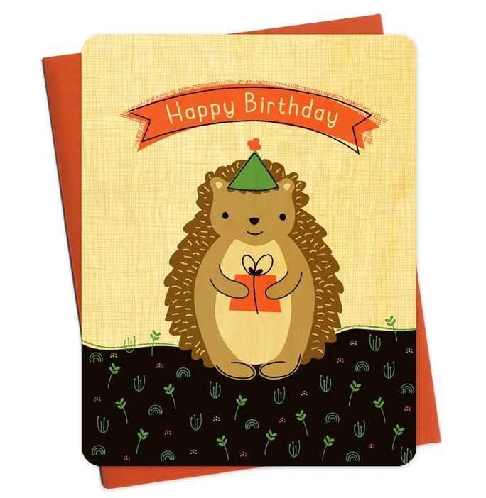 Hedgehog Gift Flat Wood Card - Birthday