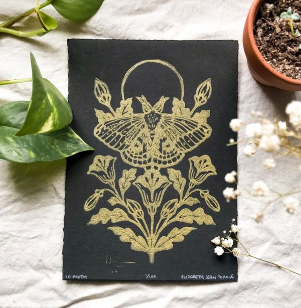 Moth & Poppies Print - Gold Ink