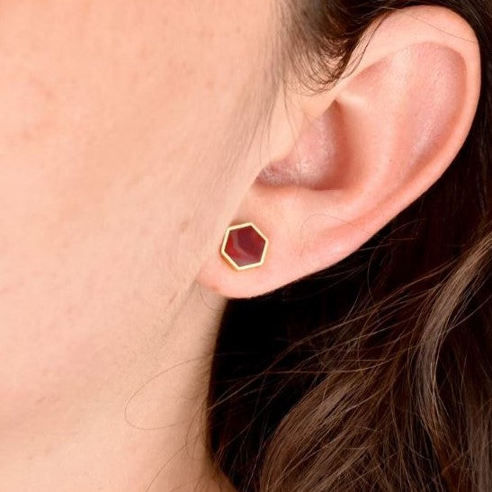 Ruby Hexagon Earrings - Cold Gold