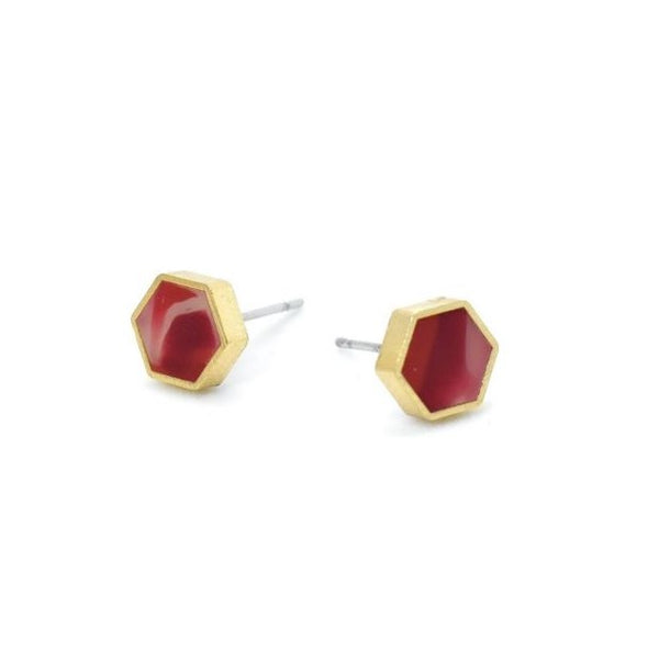 Ruby Hexagon Earrings - Cold Gold