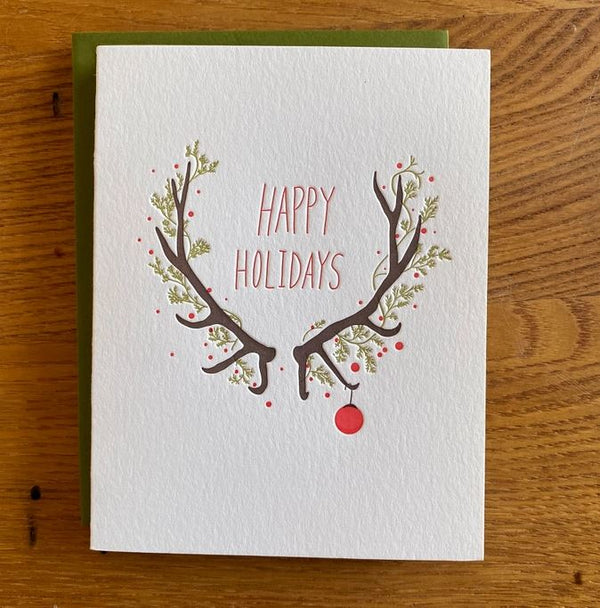 Happy Holidays Antlers and Ornament Card