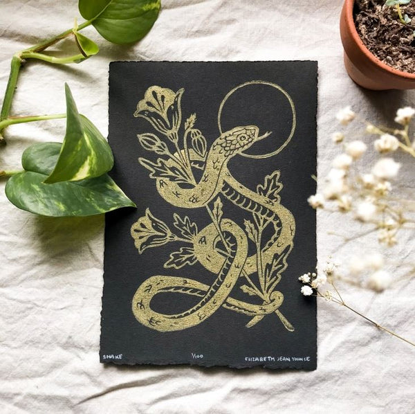 Snake & Poppies Print - Gold Ink