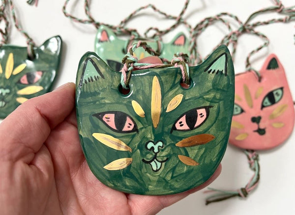 Ceramic Cat Necklace - Forest Green